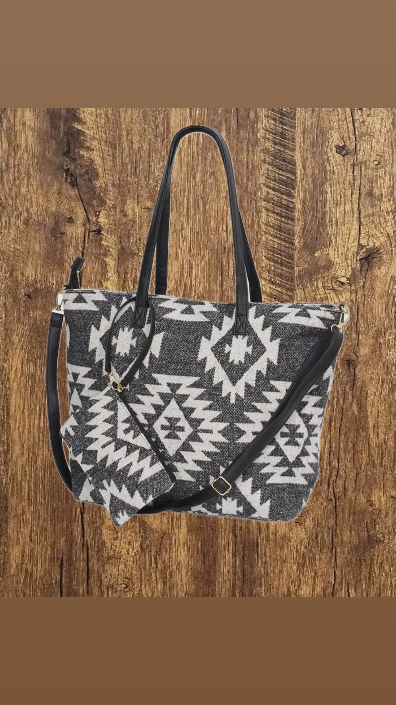 Aztec B+W Tote Bag W/Clutch - The Western Boho Co