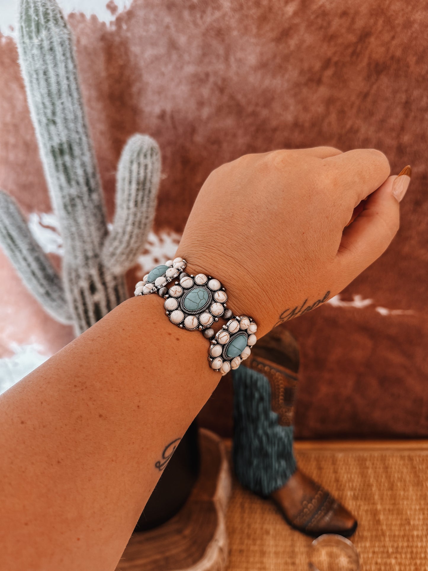 Turquoise + White Gem Stretch Bracelet - The Western Boho Co