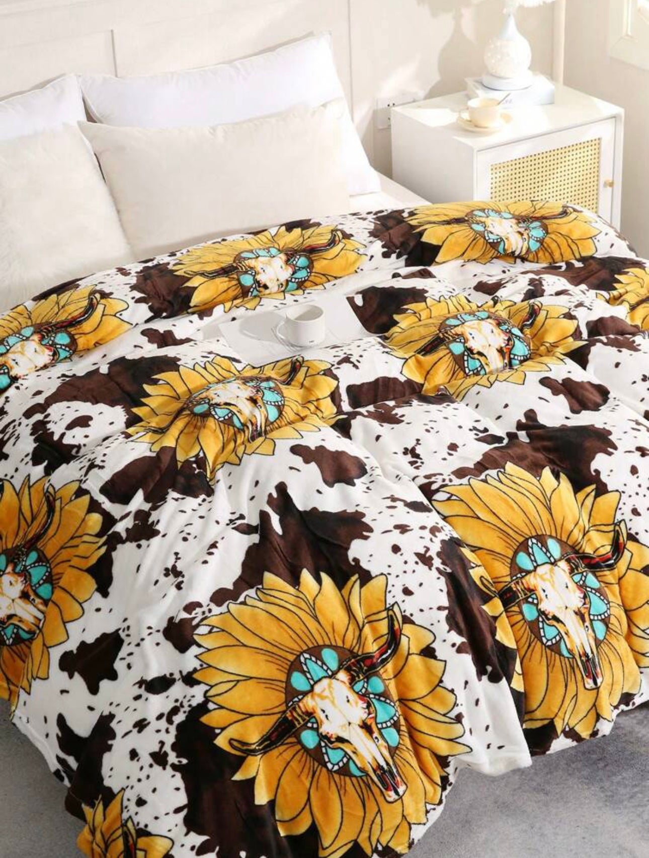 Cow Print, Sunflower, Bull + Turquoise 200GSM Blanket - The Western Boho Co