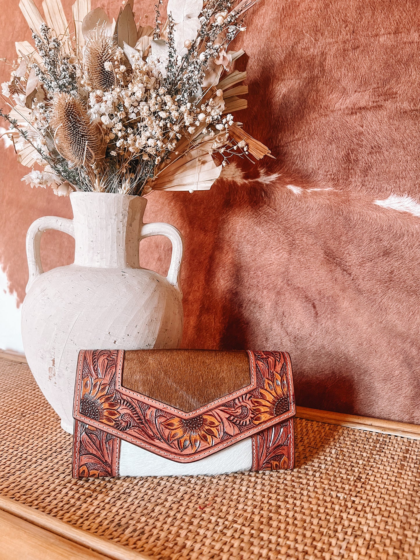 Cowhide + Tooled Leather Sunflower Wallet - The Western Boho Co