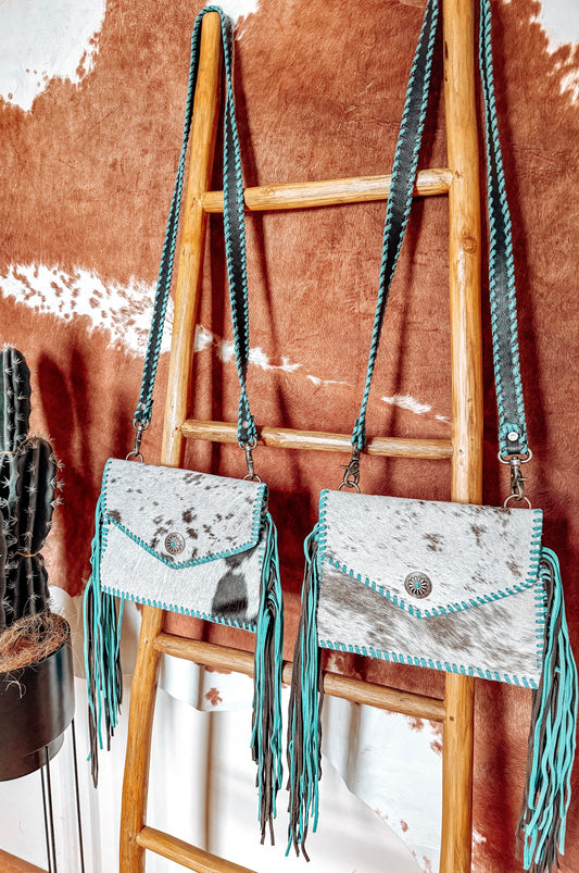 Black Cowhide + Turquoise Stitch Leather Crossbody Bag - The Western Boho Co