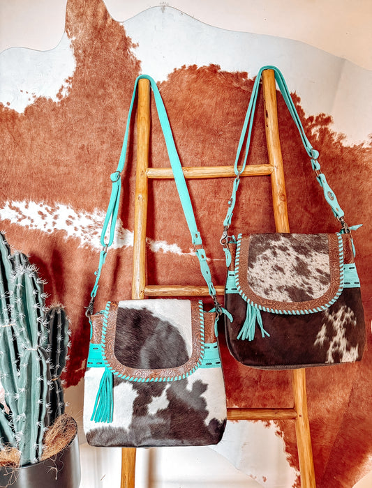 Cowhide + Turquoise Leather Stitch Crossbody Bag - The Western Boho Co