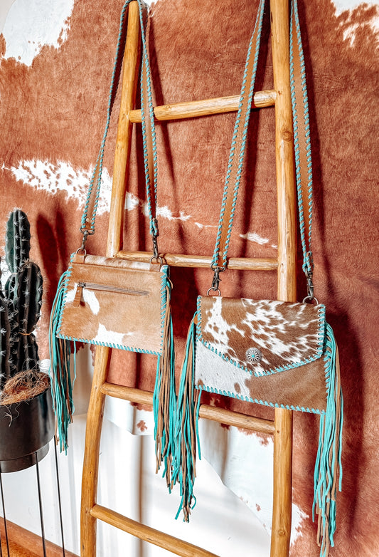 Tan Cowhide + Turquoise Stitch Leather Crossbody Bag - The Western Boho Co