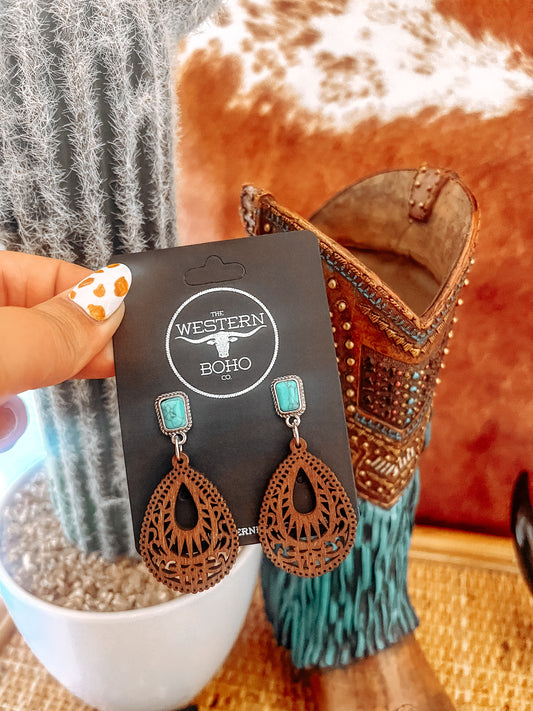 Turquoise Wooden Teardrop Earrings - The Western Boho Co