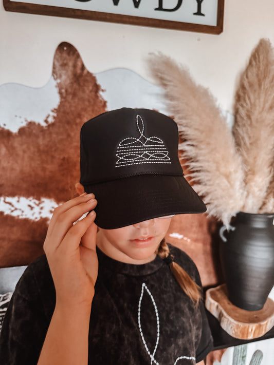 Black Boot Stitch Embroidered Trucker Cap - The Western Boho Co