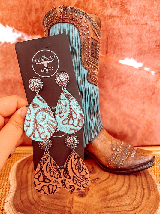 Concho + Embossed Leather Tear Drop Earings - The Western Boho Co