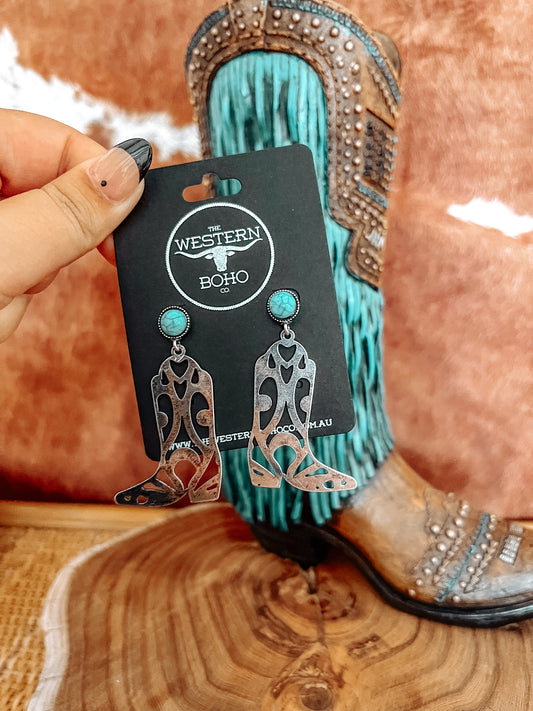 Silver + Turquoise Metal Boot Earrings - The Western Boho Co