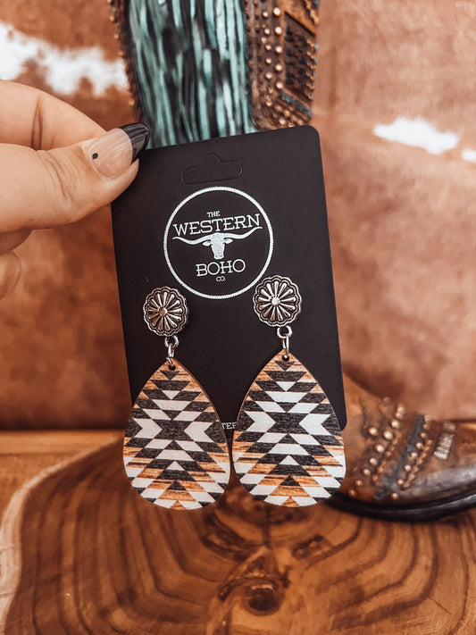 Concho + Wooden Aztec Tear Drop Dangle Earrings - The Western Boho Co