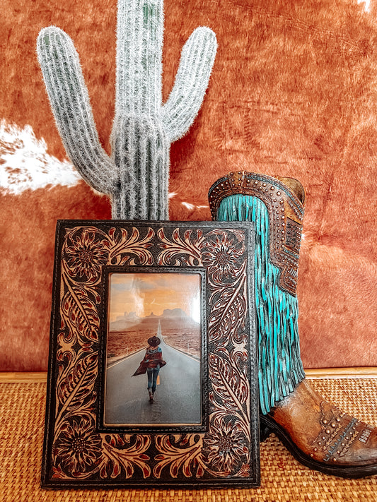 Black + Brown Tooled Leather Photo Frame - The Western Boho Co