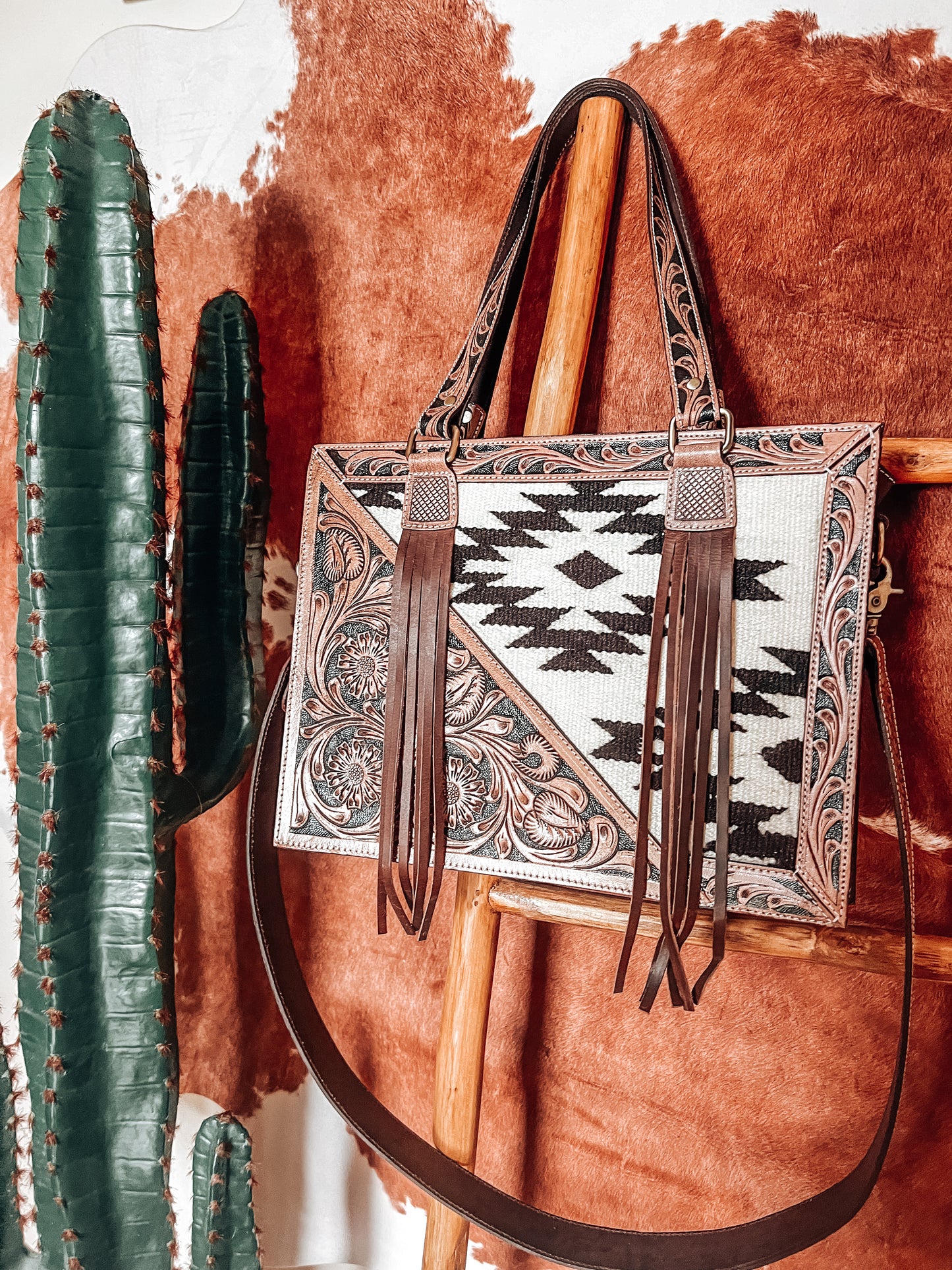 Tooled Leather + B+W Saddle Blanket Tote/ Crossbody Bag - The Western Boho Co