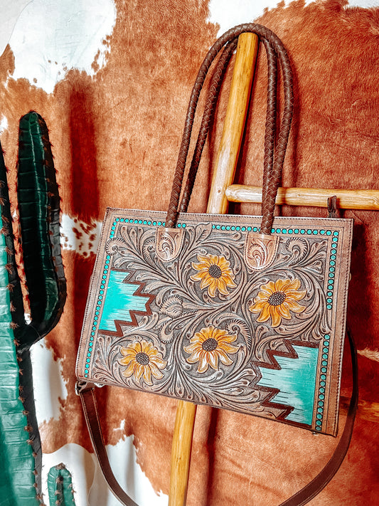 Tooled Leather Sunflower Turquoise Aztec Tote/ Crossbody Bag - The Western Boho Co