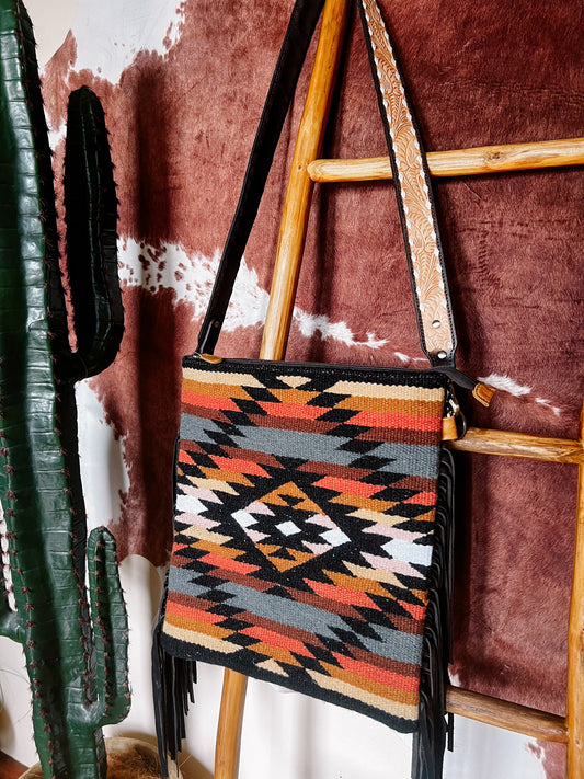 Multi Colour Saddle Blanket + Tan Leather Crossbody Bag - The Western Boho Co