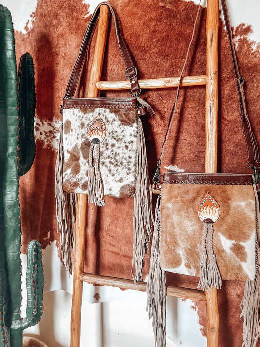 Cowhide Sunflower Plat Tassel Bag - The Western Boho Co