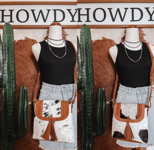 Cowhide + Cross Stitch W/ Tassel Crossbody Bag - The Western Boho Co