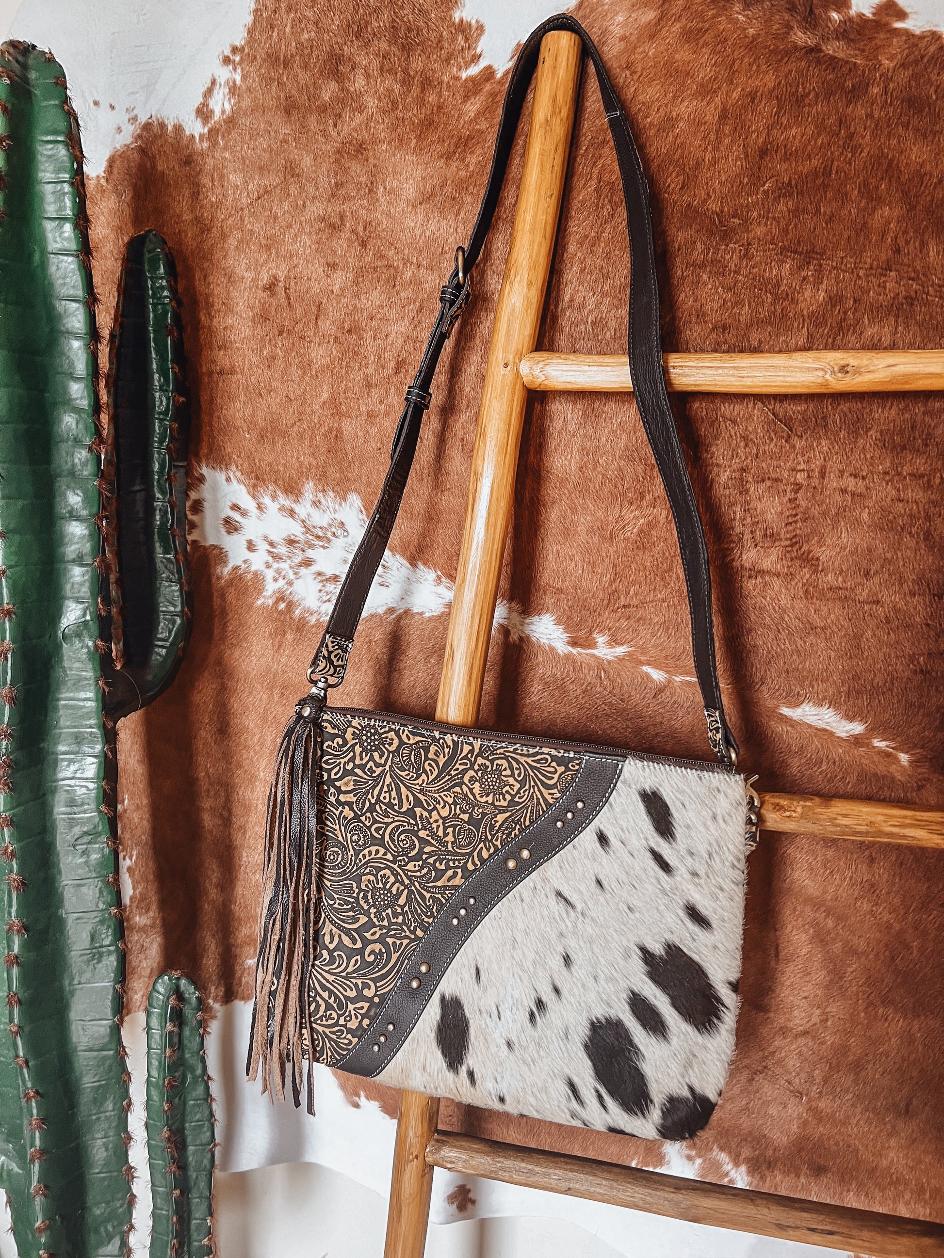 Brown Embossed Stud Cowhide Crossbody Bag - The Western Boho Co