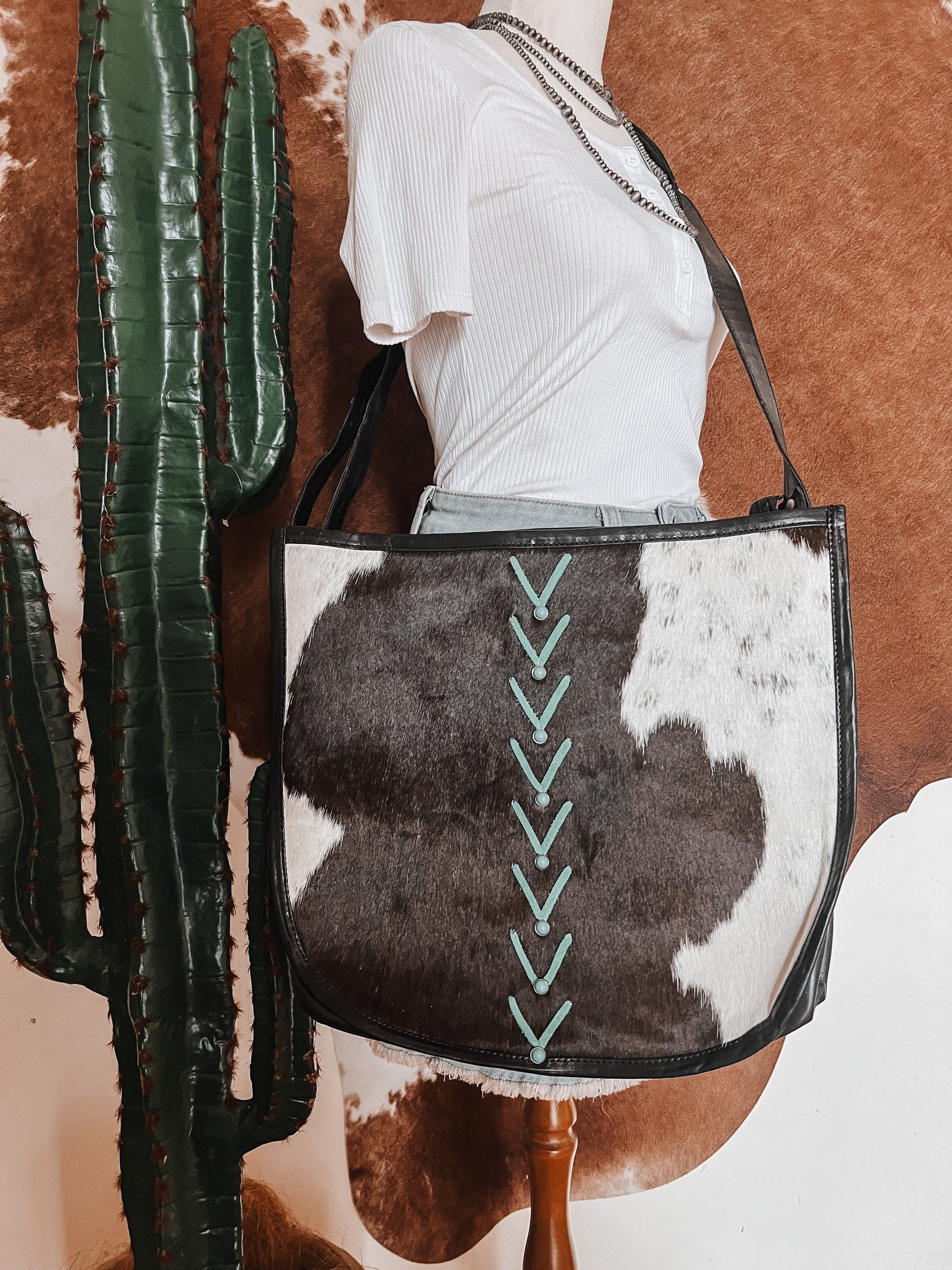 Large Vintage Cowhide W/ Turquoise Cross Stitch Bag - The Western Boho Co