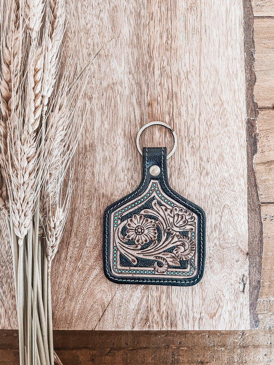 Black + Turquoise Cattle Tag Keyring - The Western Boho Co