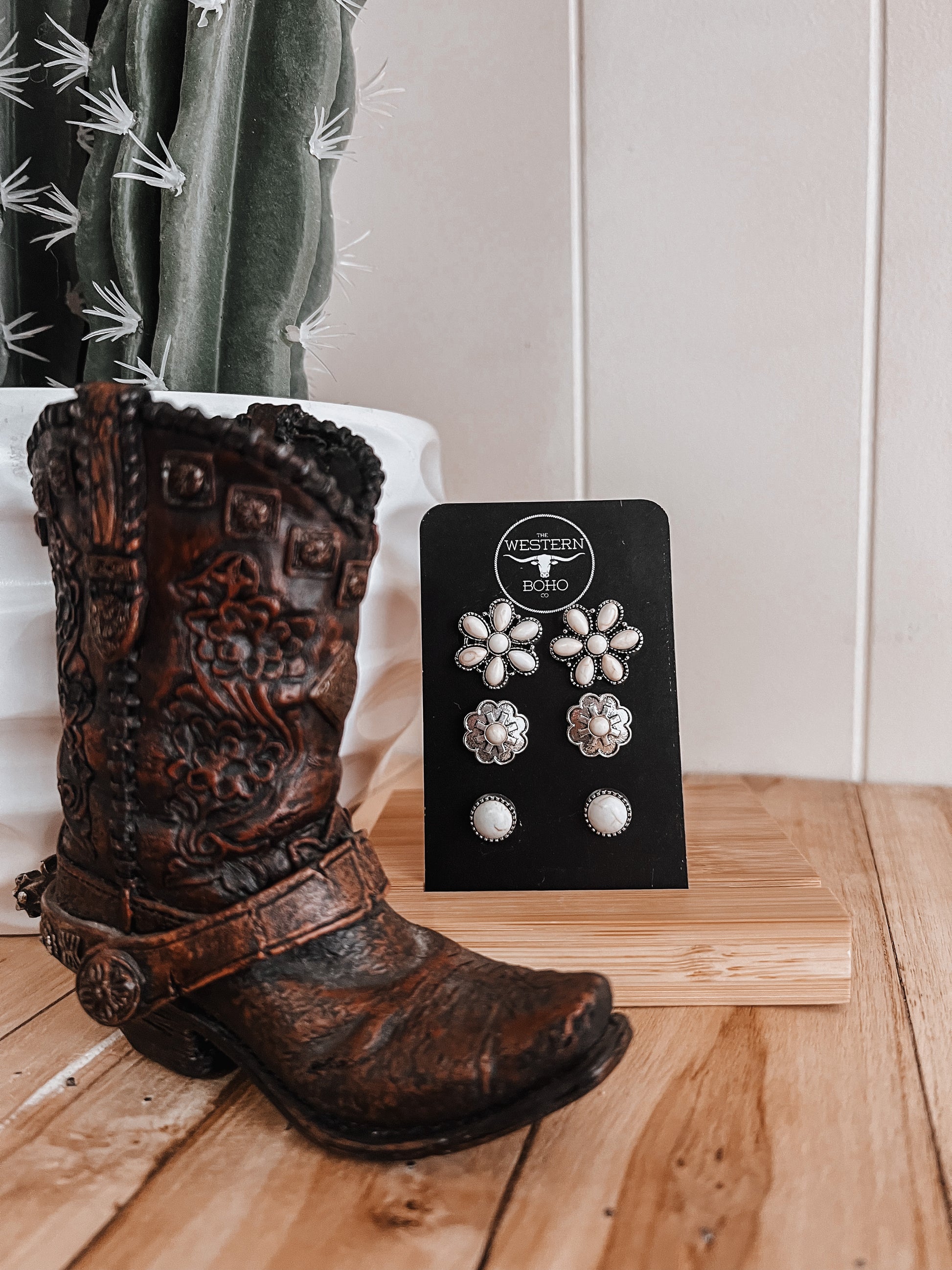 White Stone Western Earrings Set/3 - The Western Boho Co